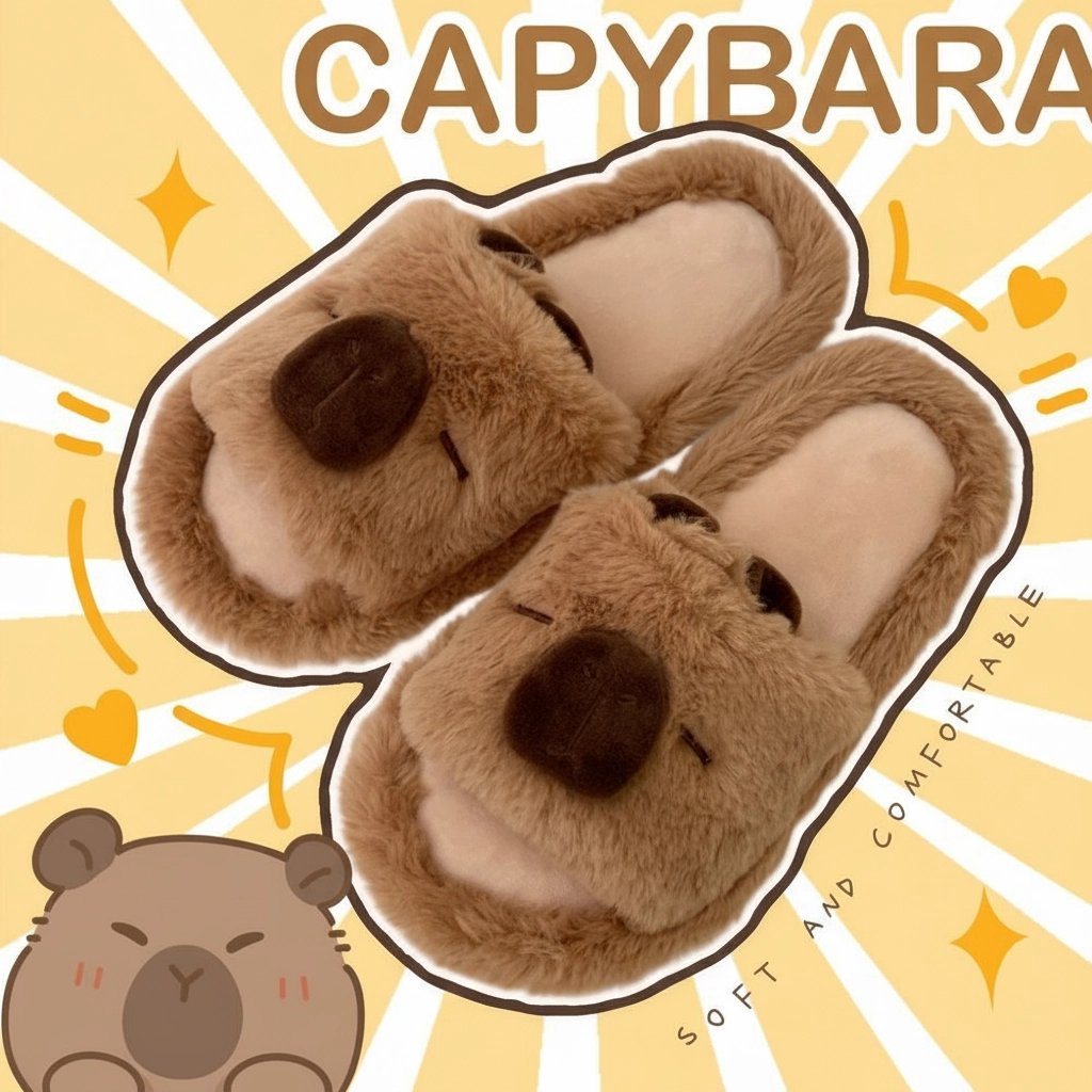 Fuzzy Capybara Plush Slides – Warm Winter House Slippers