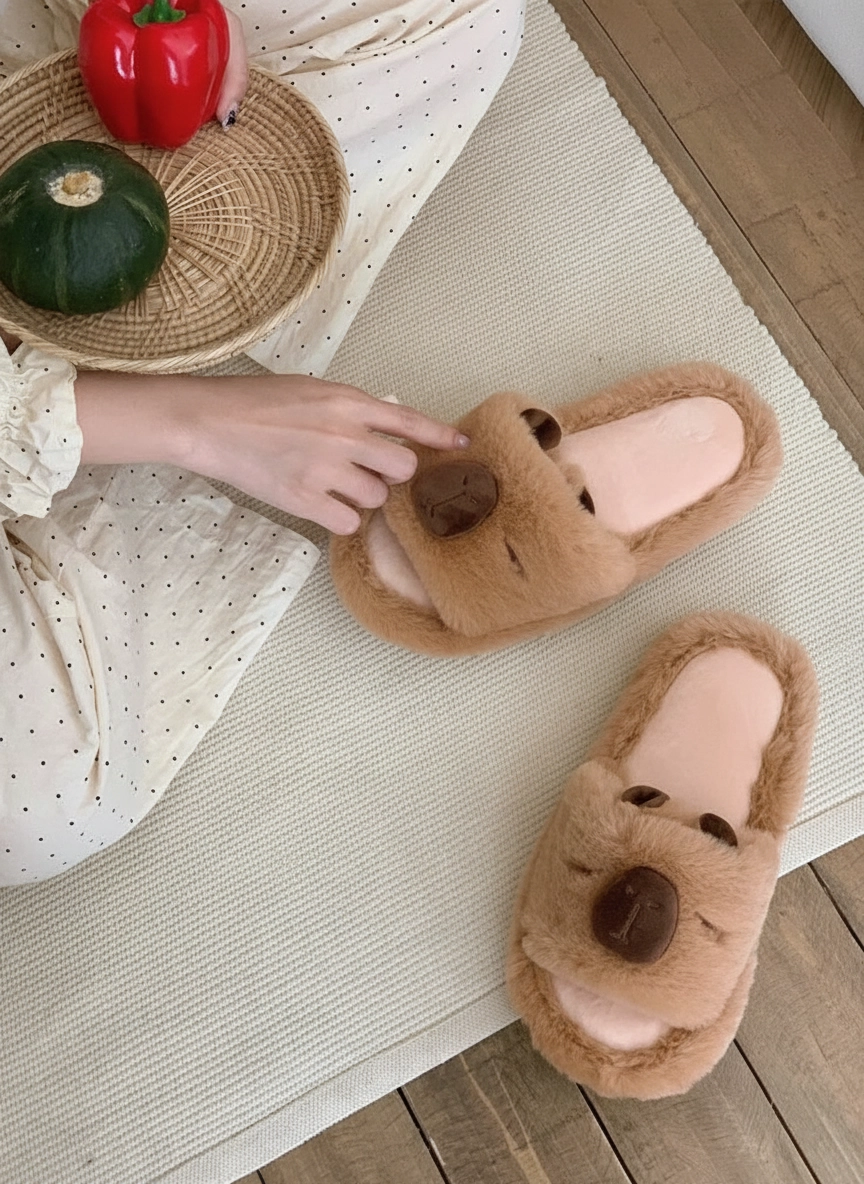 Fuzzy Capybara Plush Slides – Warm Winter House Slippers