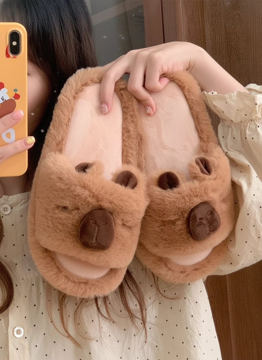 Fuzzy Capybara Plush Slides – Warm Winter House Slippers