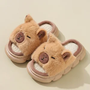 Fluffy Capybara Linen Slides – Plush House Slippers