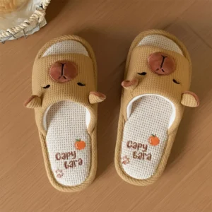 Capybara Linen Slides with Orange Capybara Knit Slippers