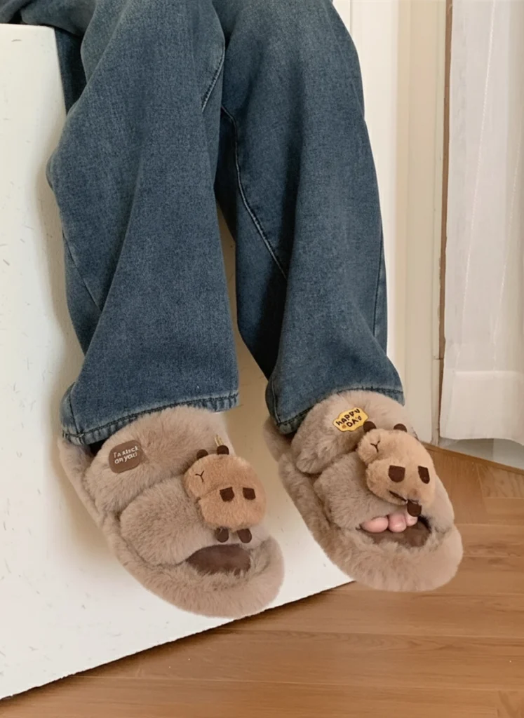 Fluffy Capybara Slides Plush Slippers