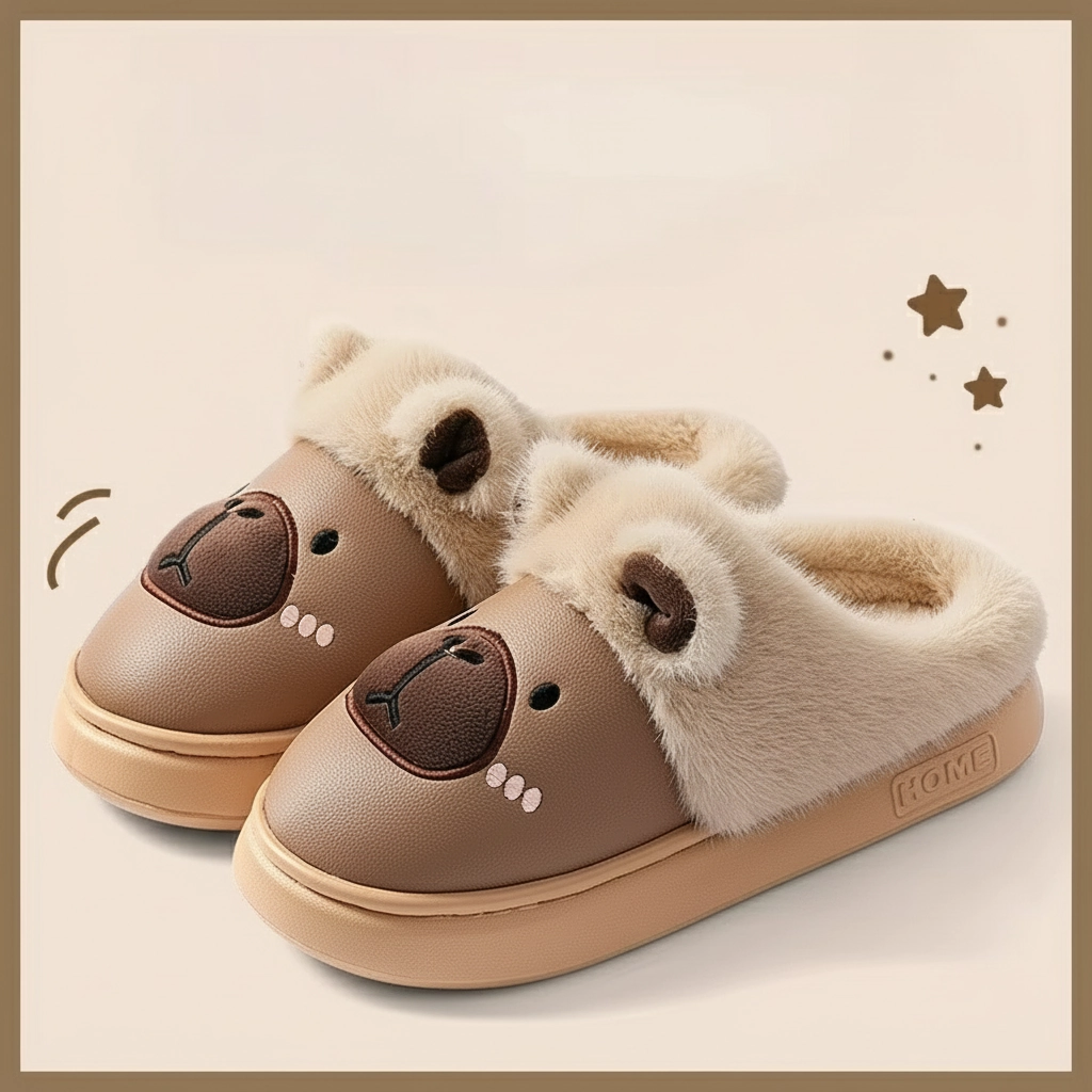 PU Leather Capybara Slippers Plush Lined House Shoes