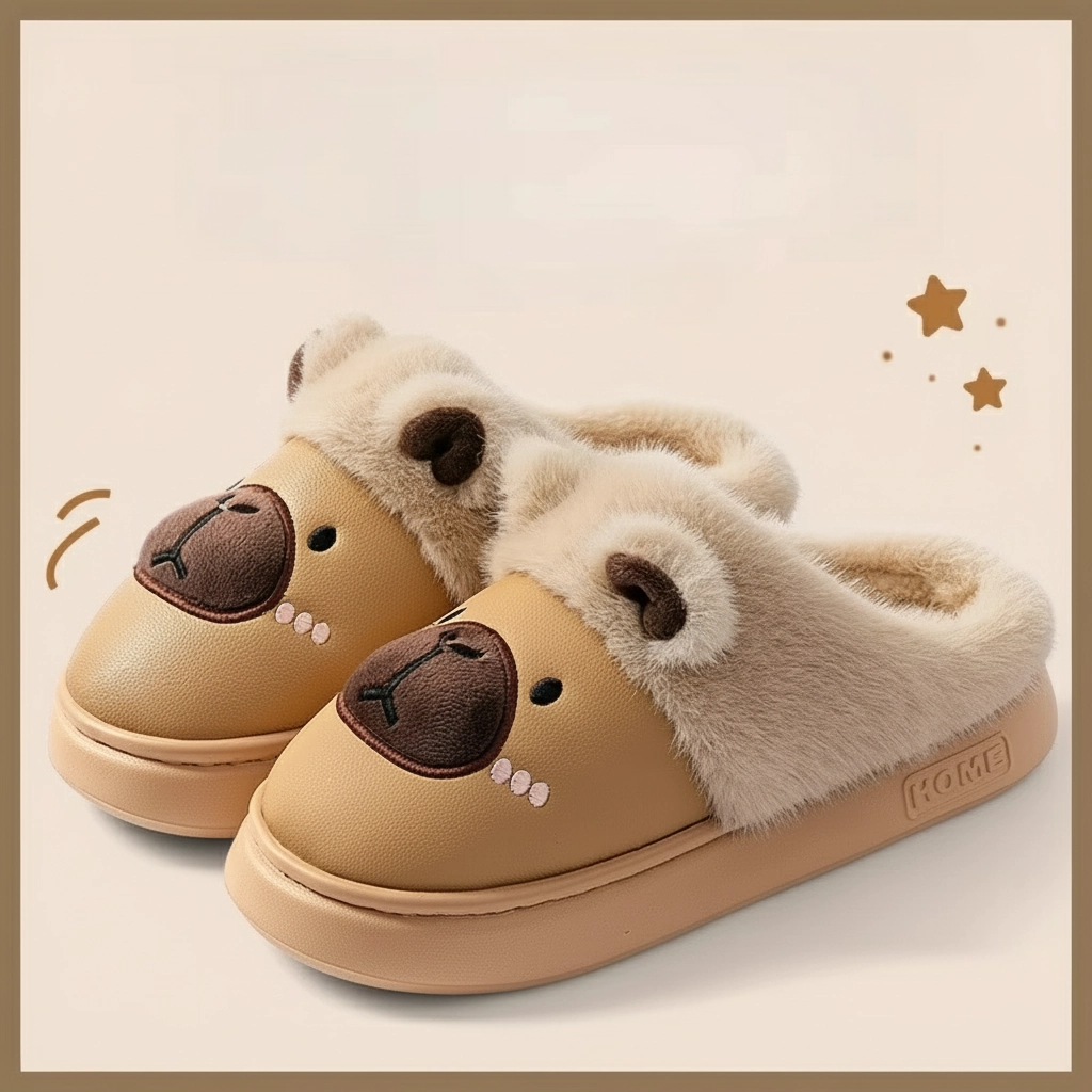 PU Leather Capybara Slippers Plush Lined House Shoes