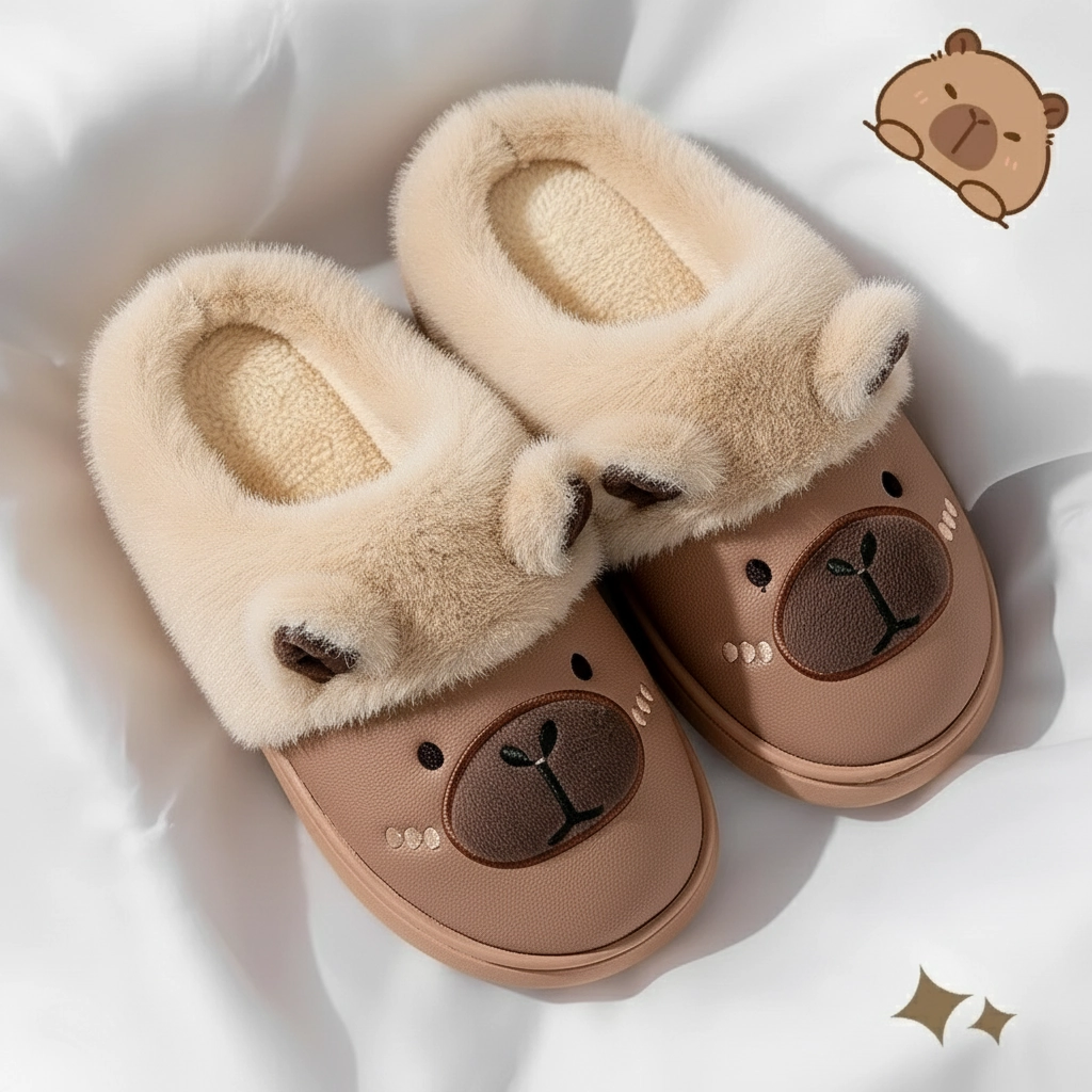 PU Leather Capybara Slippers Plush Lined House Shoes