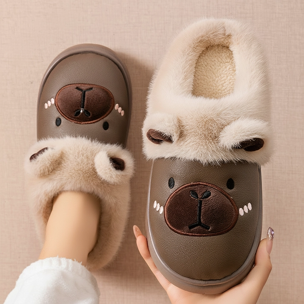 PU Leather Capybara Slippers Plush Lined House Shoes