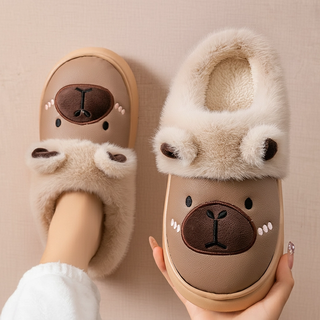 PU Leather Capybara Slippers Plush Lined House Shoes