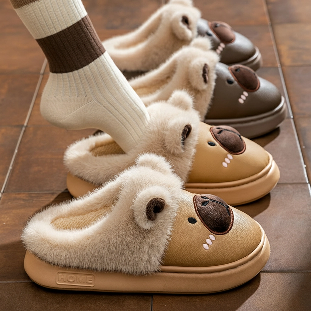 PU Leather Capybara Slippers Plush Lined House Shoes