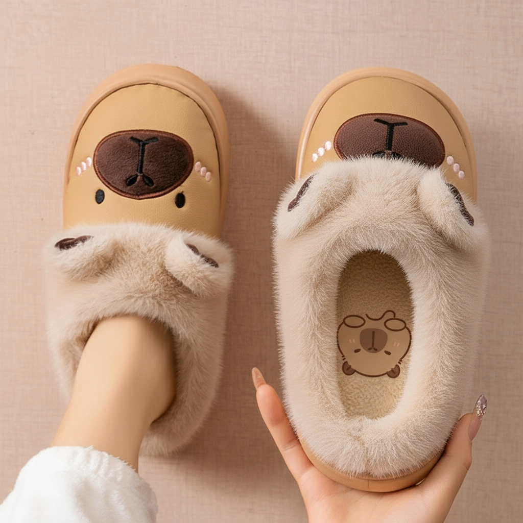 PU Leather Capybara Slippers Plush Lined House Shoes