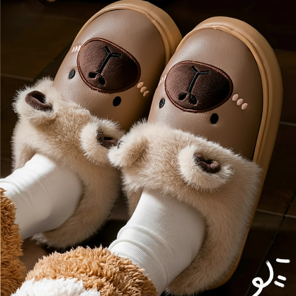 PU Leather Capybara Slippers Plush Lined House Shoes