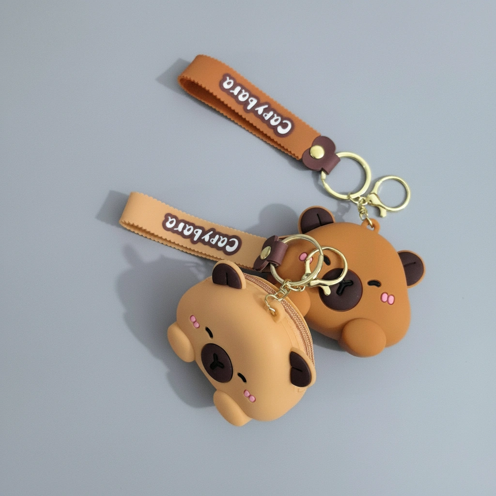 Silicone capybara-shaped earbud case and coin purse in tan and brown, featuring a wrist strap and shown holding white wireless earphones.
